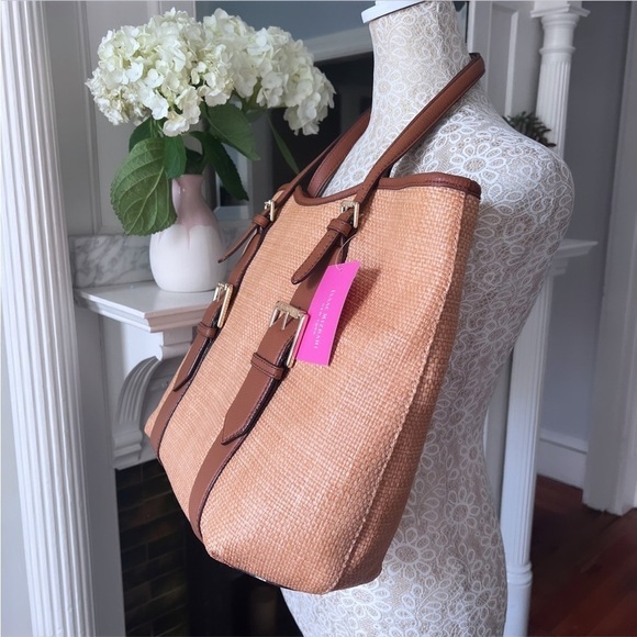 NWT ISAAC MIZRAHI “Lucille” Straw And Brown Leather Large Tote Bag - Picture 4 of 14